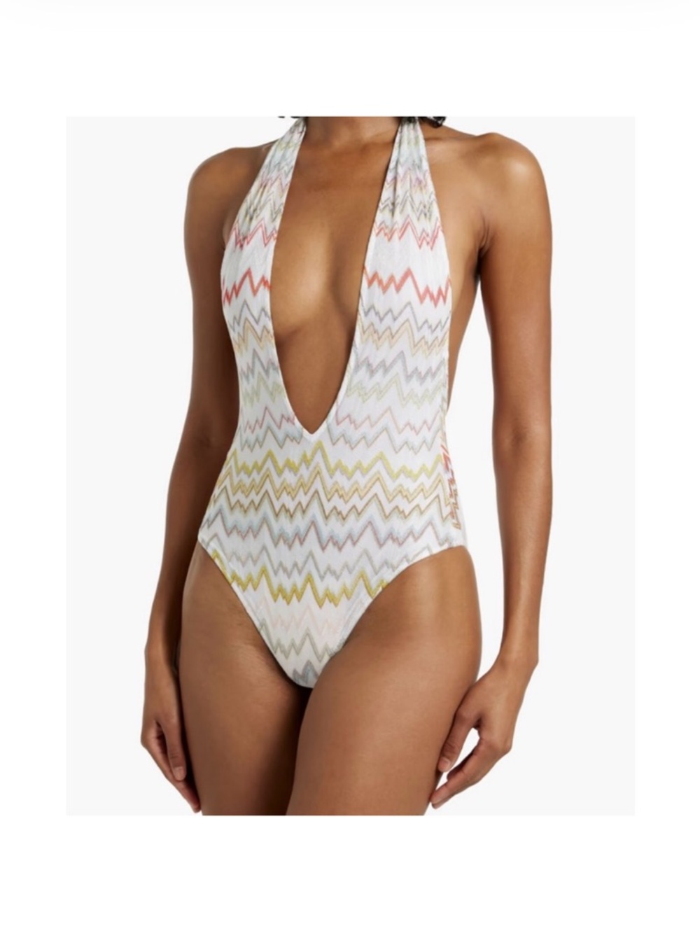 Missoni White Multi Zigzag Halter Plunge One-Piece Swimsuit